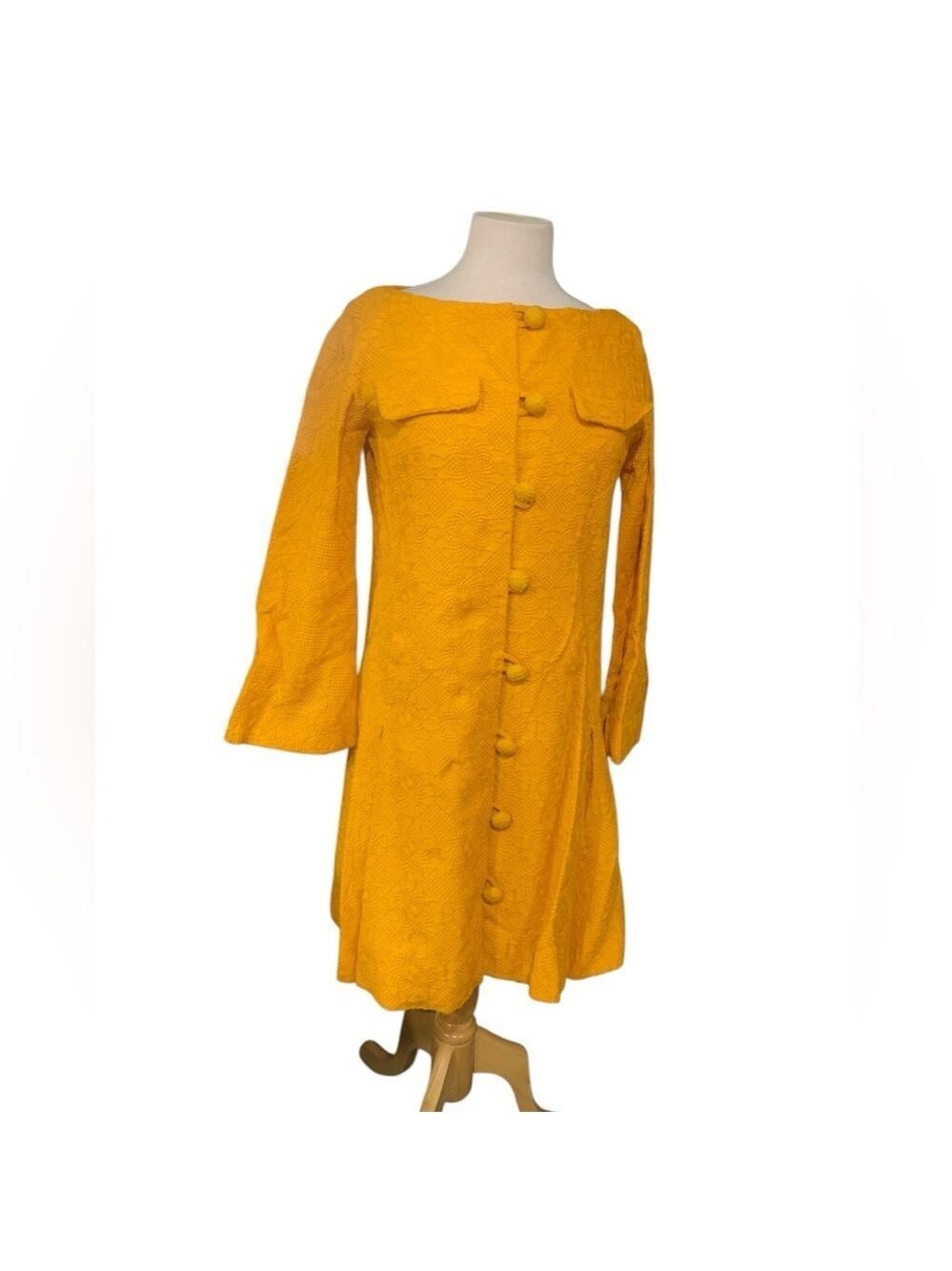 Vintage marigold flower patterned bell sleeved boatneck coat dress size 10